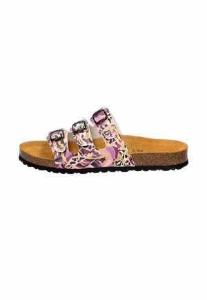 Footwear with three adjustable straps, made of multicolored floral-patterned synthetic material, featuring a cork footbed and black rubber sole.