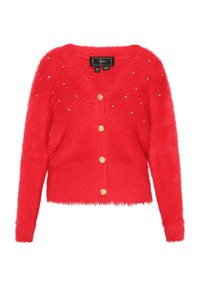 Cardigan roșu pufos cu decolteu în V, nasturi aurii și accente de strass dispersate. Mâneci scurte și lungi, cu un design scurt.