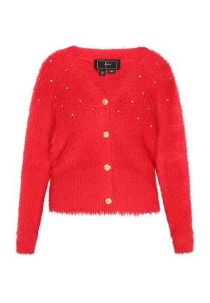 Roter, flauschiger Cardigan mit V-Ausschnitt, goldenen Knöpfen und verstreuten Strass-Akzenten. Kurze, lange Ärmel und ein verkürztes Design.