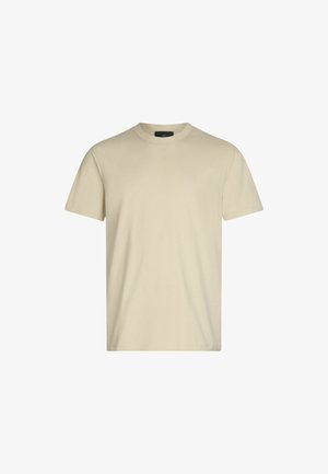 T-shirt in cotone beige con collo rotondo, maniche corte e taglio dritto. Design semplice senza motivi o accenti visibili.