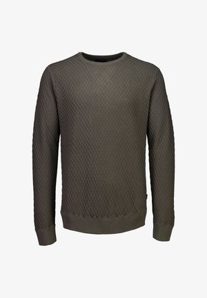 Khaki sweater with a textured diamond pattern, crew neck, and long sleeves; fitted hem and cuffs; made from a stretchy knit material.