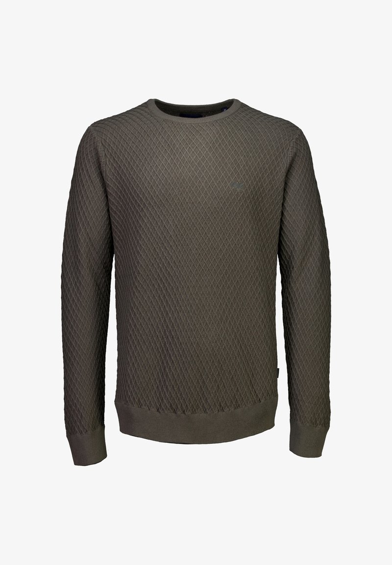 Khaki sweter z teksturowanym wzorem w diamenty, okrągłym dekoltem i długimi rękawami; dopasowany dół i mankiety; wykonany z elastycznego dzianinowego materiału.