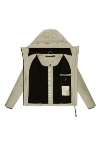 Beige geïsoleerde jas met een afneembare capuchon. Interieur met zwart stof, geprint logo en gelabelde zak. Gevoerde rits aan de voorkant met trekkoorden.