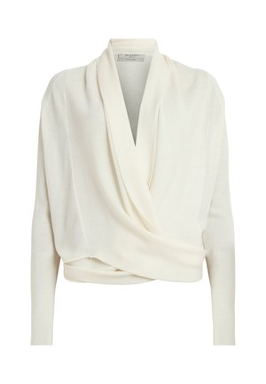 Maglione avvolgente bianco realizzato in morbido tessuto a maglia, caratterizzato da un davanti drappeggiato, maniche lunghe e una texture a costine lungo i polsini e l'orlo.