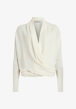 Weißer Wickelpulli aus weichem Strickstoff, mit einem drapierten Vorderteil, langen Ärmeln und gerippten Texturen an den Bündchen und am Saum.