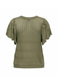 Olijfgroene gebreide top met korte, volante mouwen en een gestructureerd patroon. Heeft een ronde halslijn en een iets losse pasvorm.