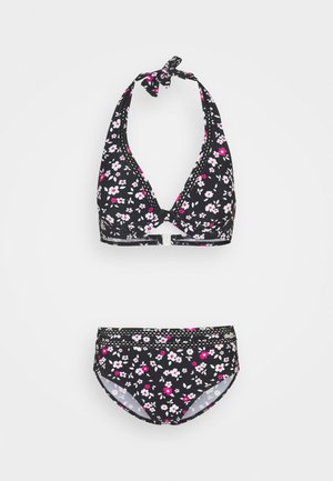 Blumiger Bikini geeignet mit einem schwarzen Hintergrund und rosa und weißen Blumen. Oberteil mit Halterneck und Bindeband sowie passendem Unterteil. Weicher Stoff, figurbetonendes Design.