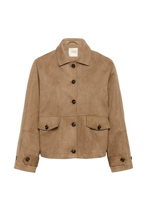 Jachetă din suede maro cu guler, închidere cu șase nasturi, două buzunare frontale și manșete cu nasturi. Textură moale și design structurat.