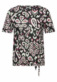 Top negro de manga corta con patrón floral abstracto en blanco y rosa. Presenta un escote redondeado y un detalle de lazo en el dobladillo.