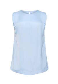 Haut sans manches bleu clair en tissu lisse, avec un col rond et une petite découpe à l'arrière. Ourlet droit.