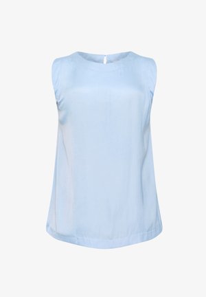 Hellblaues, ärmelloses Oberteil aus glattem Stoff, mit rundem Ausschnitt und einem kleinen Ausschnitt am Rücken. Gerader Saum.