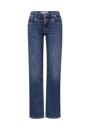 Mörkblå denimjeans med rak bendesign, utrustad med två framfickor, en knappgylf och kontrasterande sömnadsdetaljer.