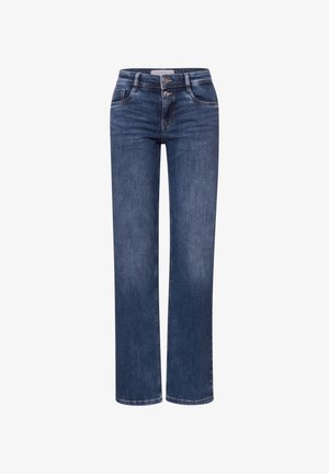 Jeans in denim blu scuro con design a gamba dritta, dotati di due tasche frontali, chiusura con bottoni e dettagli di cuciture a contrasto.