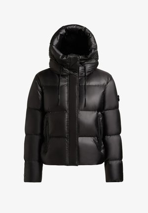 Mustslick rätikuga puffer-jakk kõrge kaelusega, suure kapuutsi, esisepp ja tõmblukuga küljetaskud pika varrukaga.