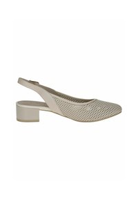 Béžové slingback topánky s perforovaným dizajnom, mandľovým špičkou a nízkym blokovým podpätkom. Vyrobené z mäkkej kože pre pohodlie a priedušnosť.