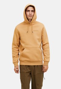 Bruine katoenen hoodie met een voorzak, trekkoordkapuchon en geborduurd logo. Beschikt over ribgebreide manchetten en zoom, casual pasvorm en een zachte textuur.