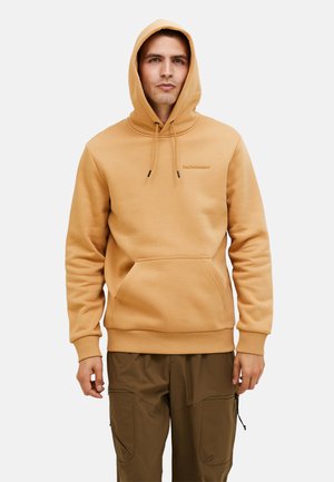 Bruine katoenen hoodie met een voorzak, trekkoordkapuchon en geborduurd logo. Beschikt over ribgebreide manchetten en zoom, casual pasvorm en een zachte textuur.