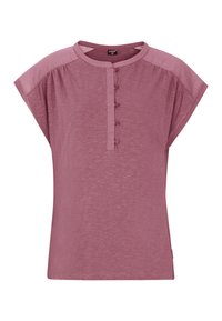 Korte mouwen, mauve t-shirt met een ronde halslijn, knoopsluiting en licht gestructureerde stof; comfortabele pasvorm met brede mouwen.
