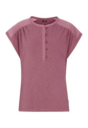 Korte mouwen, mauve t-shirt met een ronde halslijn, knoopsluiting en licht gestructureerde stof; comfortabele pasvorm met brede mouwen.