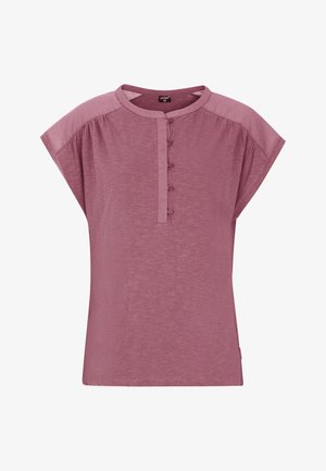 Korte mouwen, mauve t-shirt met een ronde halslijn, knoopsluiting en licht gestructureerde stof; comfortabele pasvorm met brede mouwen.