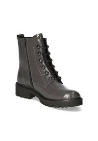 Bottes cheville en cuir verni gris avec fermeture éclair latérale, œillets décoratifs et semelle en caoutchouc épaisse. Comprend des lacets plats et une texture lisse et brillante.