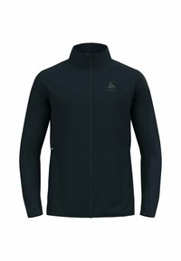 Zwarte softshell jas, met een opstaande kraag, volledige rits, zijzakken en een subtiele logo op de borst. Glad textuur.