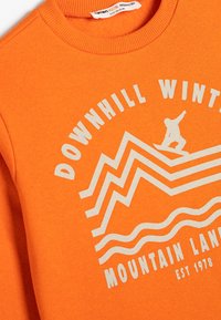 Sudadera naranja con cuello de canalé, que presenta un gráfico blanco de montañas y un snowboarder. El texto dice "DESCENSO INVERNAL."