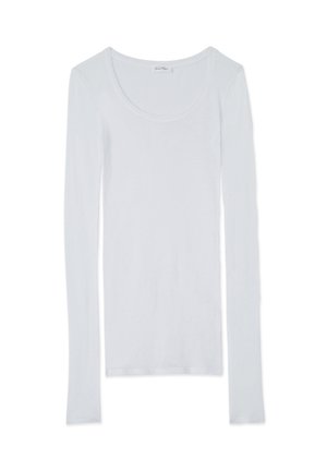 Bílá dlouhá košile s výstřihem do v shape, vyrobená z jemné a hladké tkaniny. Má dlouhé rukávy a těsný střih.