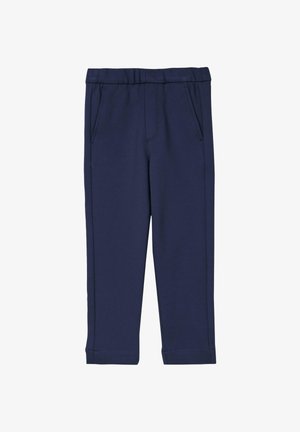 Granatowe spodnie z elastyczną talią, bocznymi kieszeniami i prostymi nogawkami, odpowiednie na co dzień lub do aktywnego noszenia.