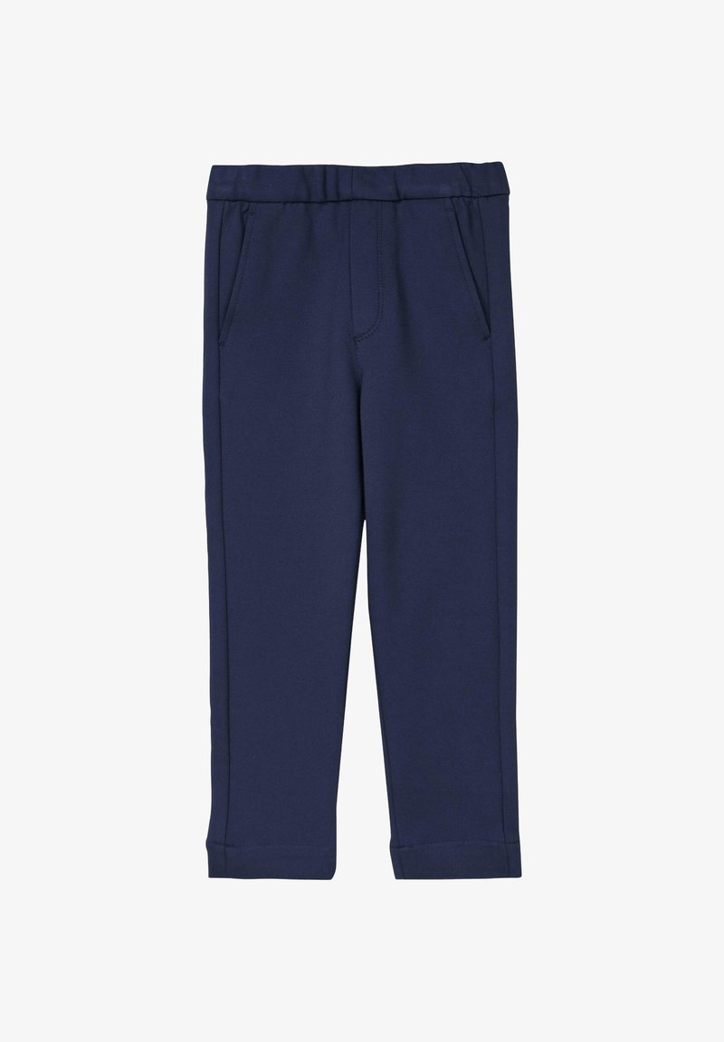 Hlače tamnoplave boje s elastičnim pojasom, bočnim džepovima i ravnim nogavicama, prikladne za svakodnevno ili sportsko nošenje.