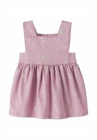 Rosa bomuldsjole med firkantet halsudskæring, broderet blomsterpatron og rynket talje. Har brede skulderstropper og en slå-ud nederdel.