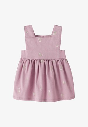 Rosa bomuldsjole med firkantet halsudskæring, broderet blomsterpatron og rynket talje. Har brede skulderstropper og en slå-ud nederdel.