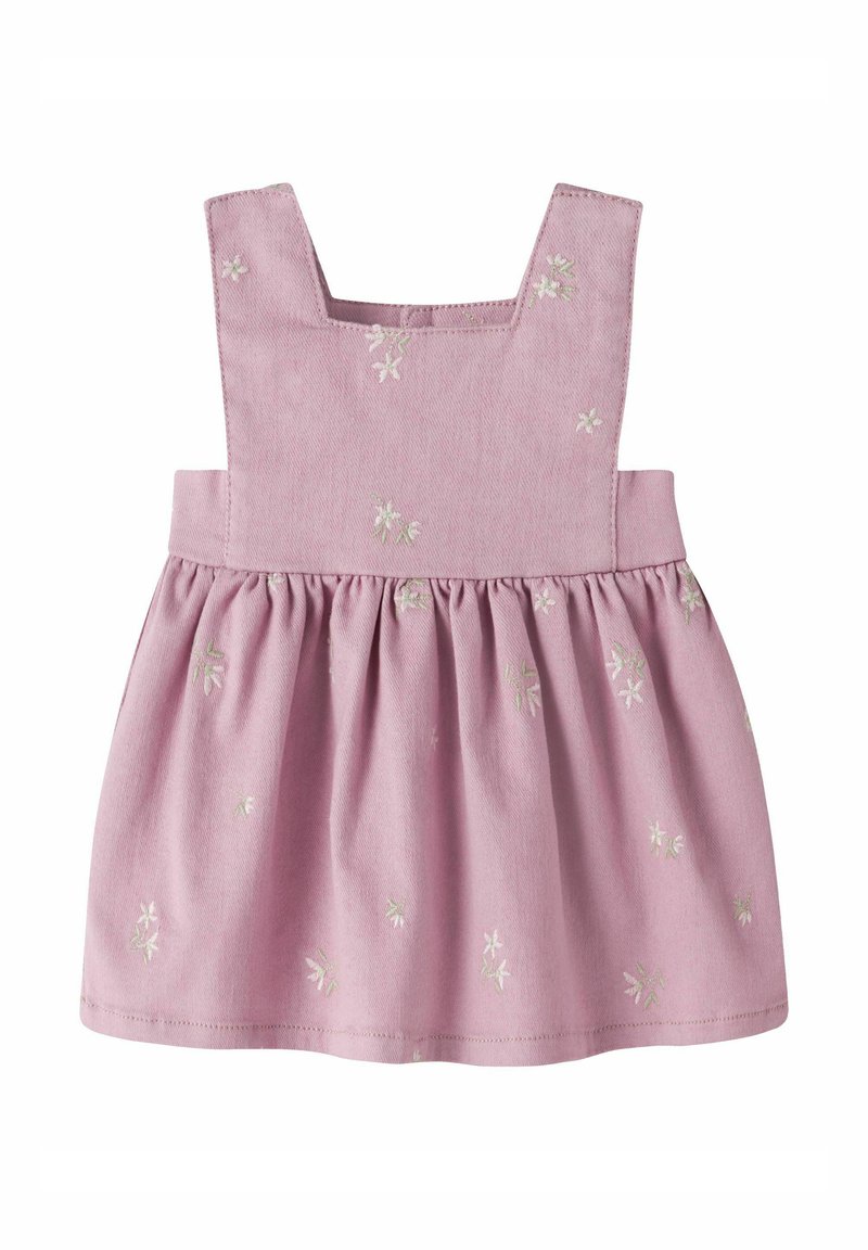 Rosa bomuldsjole med firkantet halsudskæring, broderet blomsterpatron og rynket talje. Har brede skulderstropper og en slå-ud nederdel.