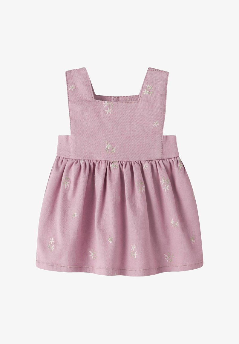 Rosa bomuldsjole med firkantet halsudskæring, broderet blomsterpatron og rynket talje. Har brede skulderstropper og en slå-ud nederdel.