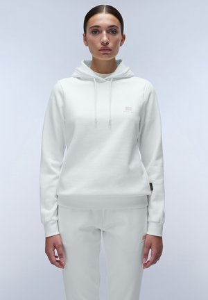 Witte hoodie met koordjes, zachte stof, kangoeroezak en merklogo op de borst, gecombineerd met bijpassende witte broek.