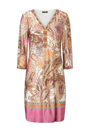 Kniebedeckendes Kleid mit 3/4-Ärmeln, V-Ausschnitt, Paisley-Blumenmuster in Pink, Orange, Braun und Weiß, pinkem Saum und dekorativem Ausschnittbesatz.