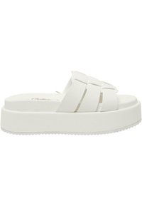 Sandales blanches à plateforme avec de larges brides croisées. Fabriquées en matériau lisse, avec une semelle texturée pour une meilleure adhérence et un confort optimal.