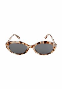 Lunettes de soleil écaille de tortue avec une forme œil de chat, dotées de verres gris et de montures en acétate lisse et brillant avec des accents marron foncé.