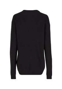 Black knitted sweater with ribbed texture, crew neckline, and long sleeves. Simple design without additional patterns or accents.