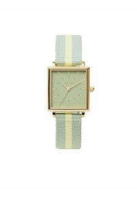 Quadratische goldfarbene Uhr mit einem mintgrünen Ziffernblatt, einem hellmintfarbenen und gelb gestreiften Stoffarmband und minimalistischen Stundenmarkierungen.