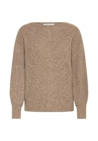 Maglione marrone lavorato a maglia con una scollatura ampia, texture a motivo con linee verticali e fori, e maniche lunghe leggermente gonfie.