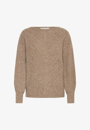 Maglione marrone lavorato a maglia con una scollatura ampia, texture a motivo con linee verticali e fori, e maniche lunghe leggermente gonfie.