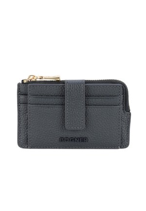 Gray leather wallet with textured finish, featuring a fold-over flap, multiple card slots, and a gold-tone zipper. Logo embossed on front.