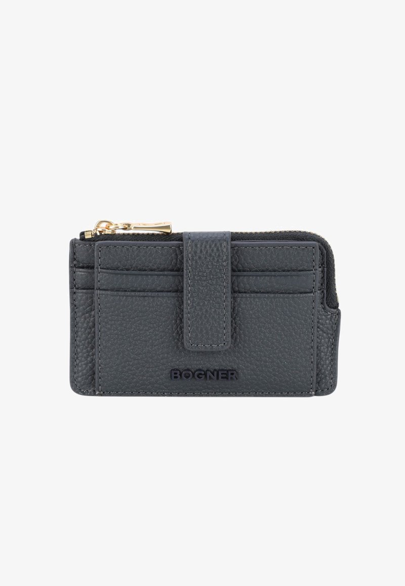 Gray leather wallet with textured finish, featuring a fold-over flap, multiple card slots, and a gold-tone zipper. Logo embossed on front.