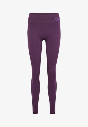 Lila Rippleggings mit breitem Taillenbund und eingeprägtem Branding sowie kontrastierenden vertikalen Seitenstreifen.