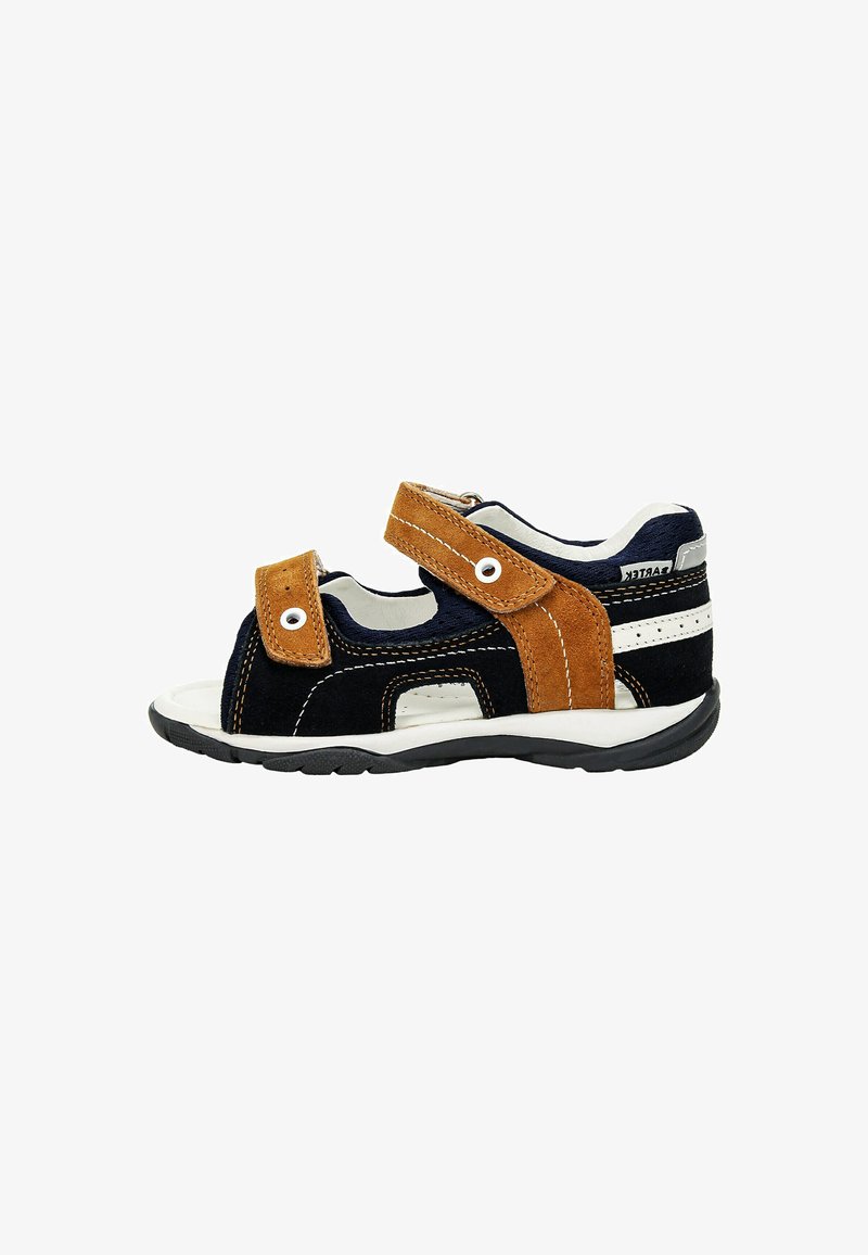 Children's sandals with a navy blue suede upper and brown accents. Features Velcro straps and a white rubber sole with a textured grip.