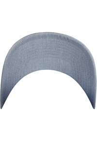 Denim cap with a wide, curved brim. Light blue color with textured fabric and even stitching along the edges. Simple, unadorned design.