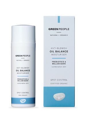 White bottle with a pump top, labeled "Anti-Blemish Oil Balance Moisturiser." Accompanied by a matching white and blue box with product details.