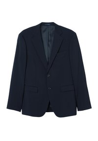Blazer ajusté en marine, fabriqué en tissu lisse, avec des revers crantés, deux boutons et deux poches frontales. Pas de motifs ou d'accents visibles.