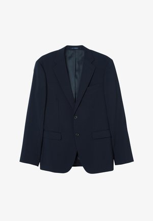 Marineblauwe blazer op maat, gemaakt van een gladde stof, met notch-lapels, twee knopen en twee voorzakken. Geen zichtbare patronen of accenten.